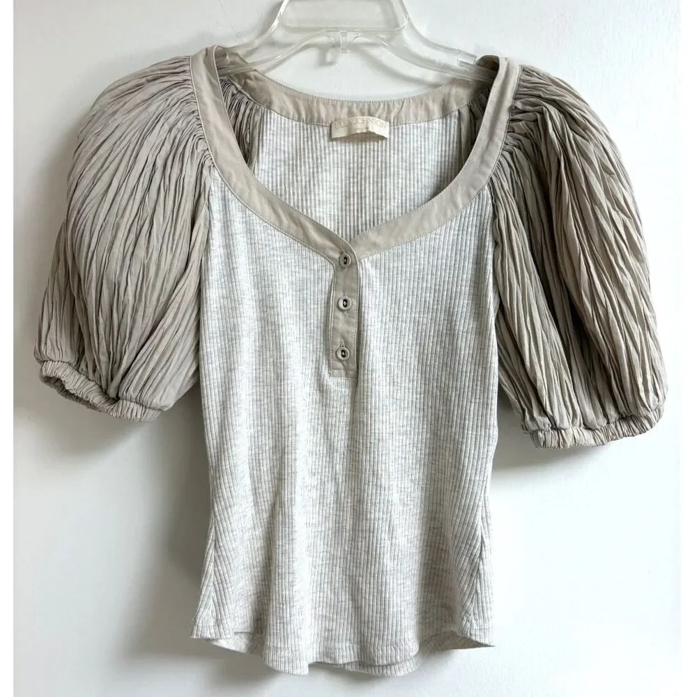 Ulla Johnson Marika Pleated Puff Sleeve Ribbed Henley Blouse Top Cobblestone S